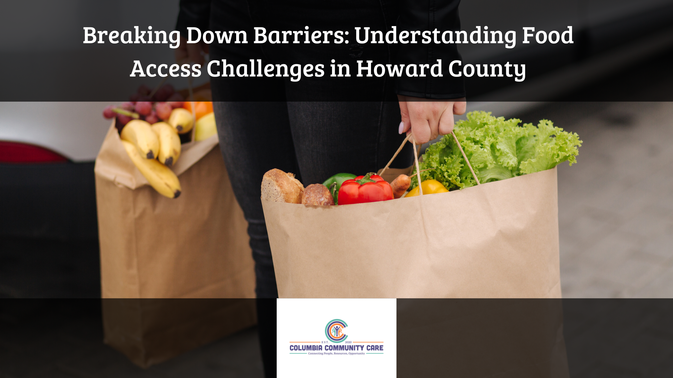 a woman holds grocery bags with text overlay that reads: "breaking down barriers: understanding food access challenges in howard county" and the CCC logo at the lower center.